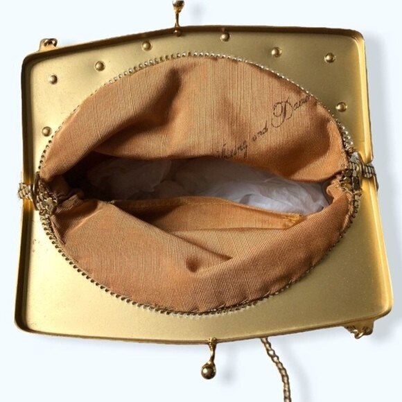 Whiting & Davis Bag 70s Gold Mesh Kiss Snap Evening Bag Crossbody Strap Purse - Picture 5 of 13